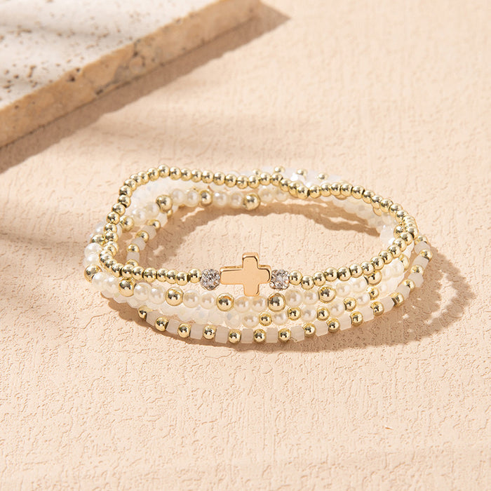 Wholesale Colorful Crystal Elastic Bracelets Ins Style Niche Stacked Cross Bracelet Set