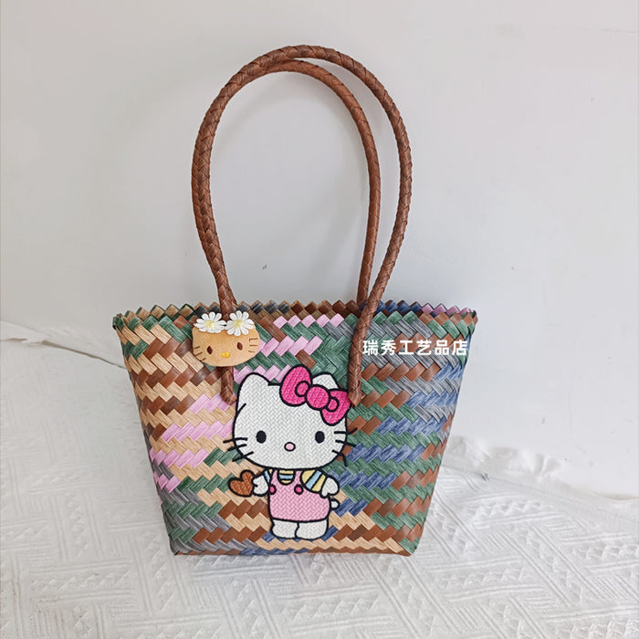 Wholesale Cartoon Woven Bag Large Capacity Work Bag Hand Woven Vegetable Basket Handbag