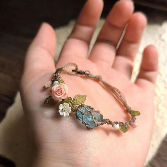 Wholesale Handmade Natural Aquamarine Bracelet with Rope Wrapping Flower Charm Jewelry