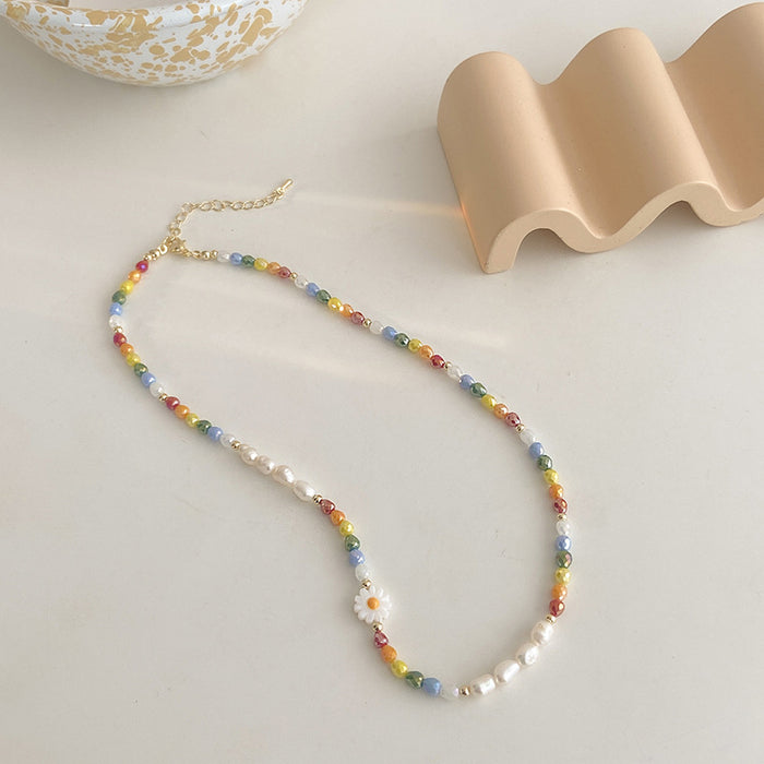 Wholesale Color Daisy Flower Necklace Pearl Women  Clavicle Chain Design Neck Chain Bracelet