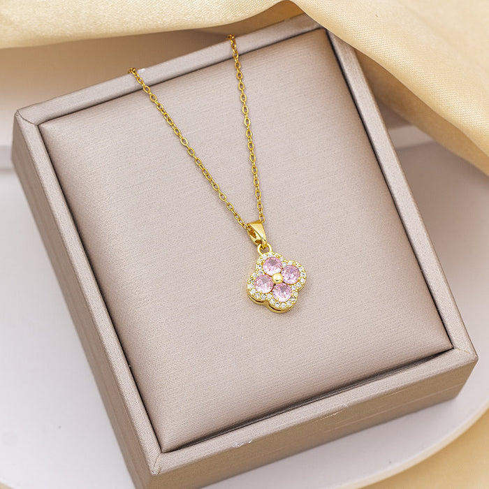 Wholesale Titanium Steel Four-Leaf Clover Pendant Necklace with Copper and Zirconium Jewelry Accessory MOQ≥2