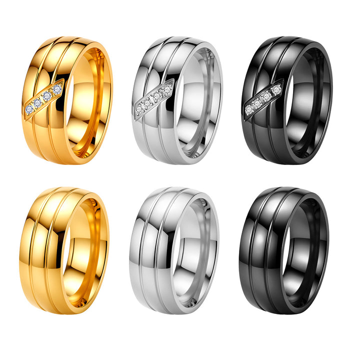 Wholesale Gold Stainless Steel Couple Ring with Diamond Inlay Fashion Jewelry Accessory