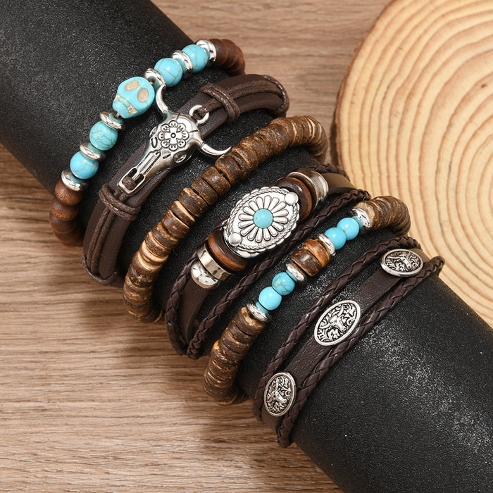 Wholesale Retro Braided Turquoise 6-Piece Leather Bracelet Set