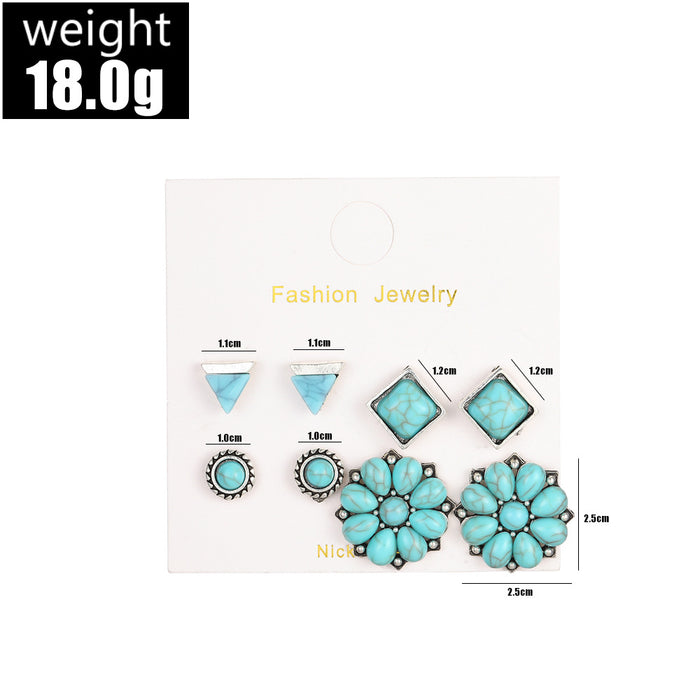 Wholesale Retro Bohemian Turquoise Round Earrings 4 Pair Set