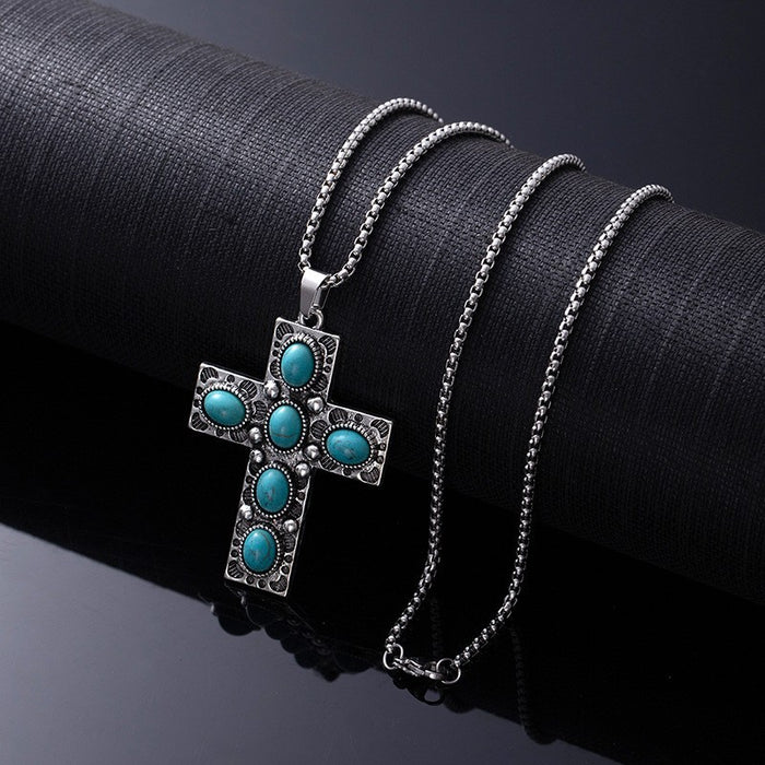 Wholesale Retro Western style natural turquoise necklace,  retro versatile titanium steel chain,  ethnic accessories