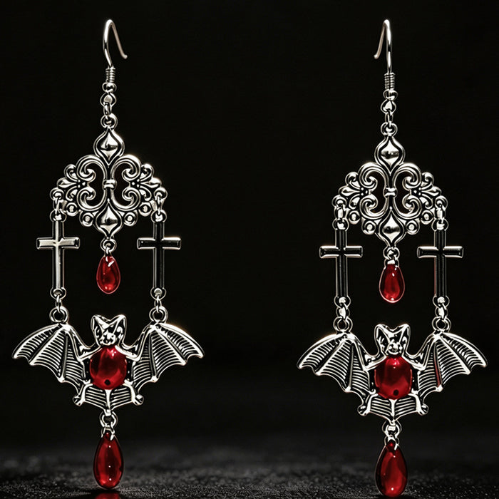 Wholesale Gothic Bat Cross Drop Earrings Red Teardrop Beads Vampire Vintage Jewelry Accessory Party Gift