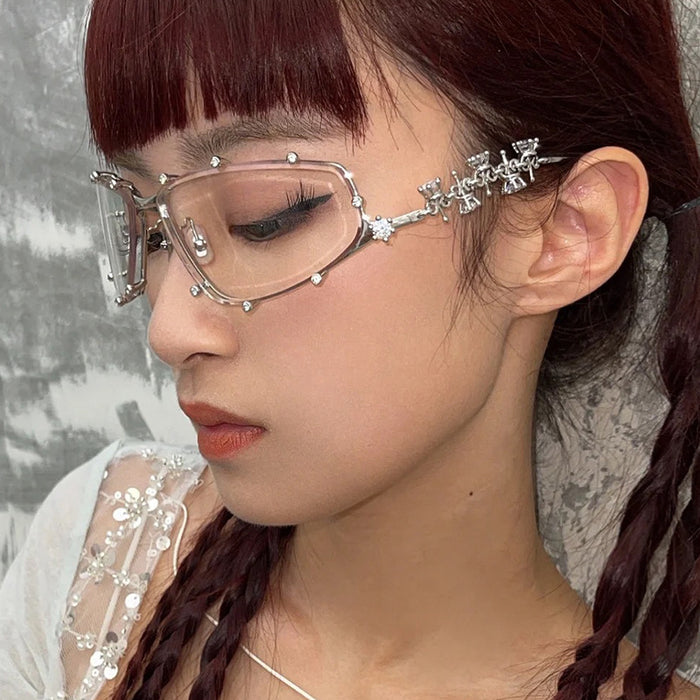 Wholesale Diamond studded glasses frame, fashionable with diamond shaped flat lens, large frame, personalized glasses frame