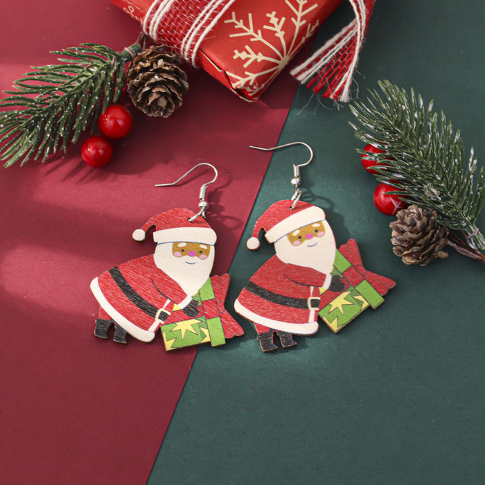 Wholesale Cartoon Christmas element printed wooden earrings for women Christmas tree earrings