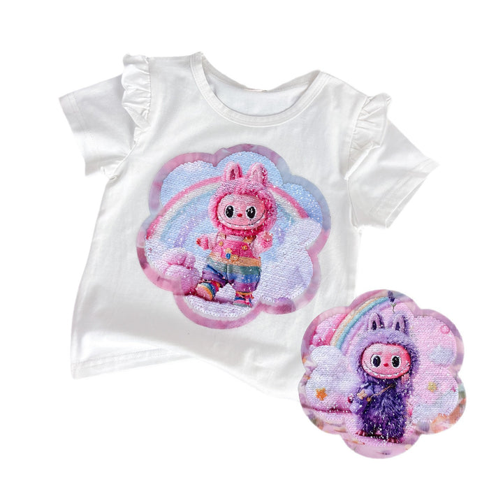 Wholesale New summer children' s clothing for girls,  double-sided color-changing sequined short-sleeved T-shirt with cartoon bottoming shirt