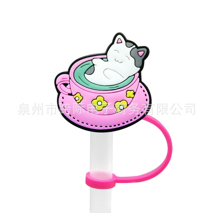 Wholesale New Cat Animal Straw Cover 10MM Straw Cap Silicone Dust Stopper Cute Anime Party Straw Decoration