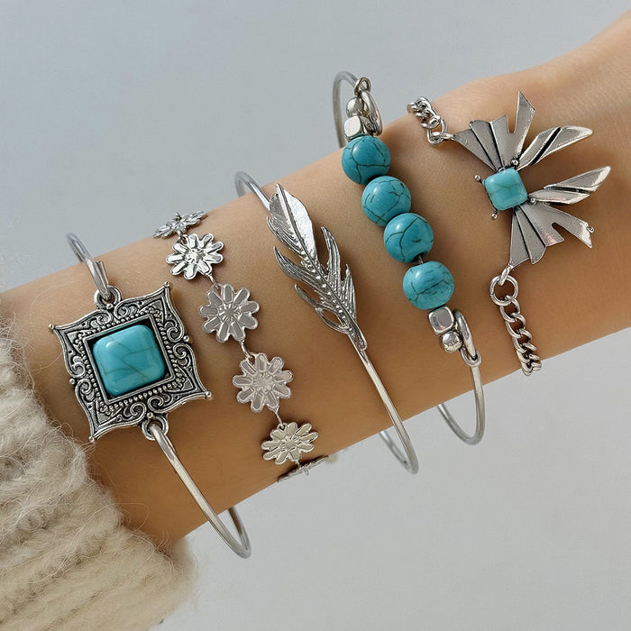 Wholesale Women S Silver Boho Turquoise Leaf Bow Bracelet Jewelry Accessory Gift