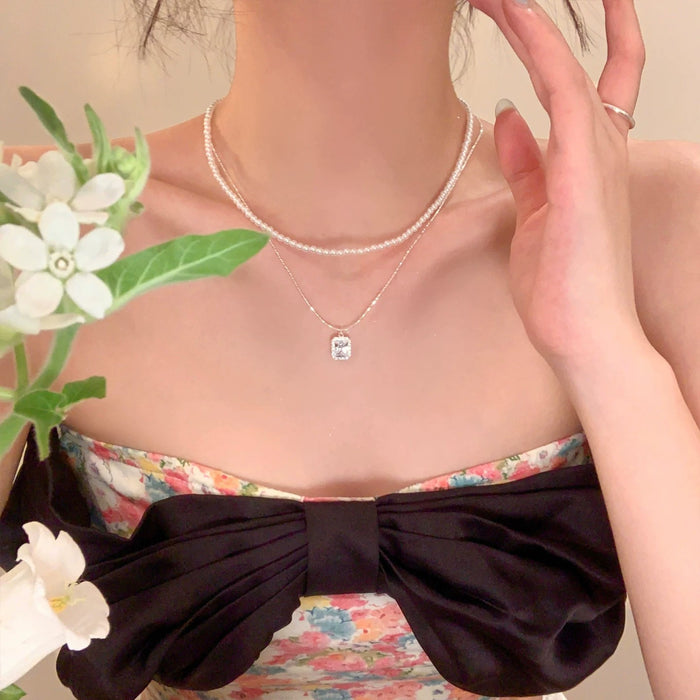 Wholesale French Zircon Sugar Cube Pearl Double Layer Choker Necklace In Titanium Steel Trendy Layering Jewelry For Women Boutique Resale Gift