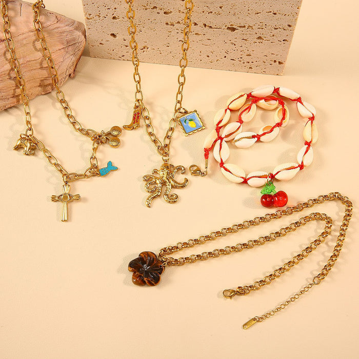 Wholesale Original design ocean style shell necklace paired with stainless steel chain, oil dripping pendant, collarbone chain