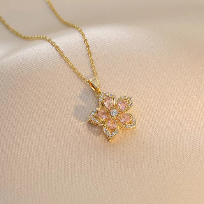 Wholesale Rotatable Zircon Flower Necklace Niche Pendant Elegant Titanium Steel Clavicle Chain