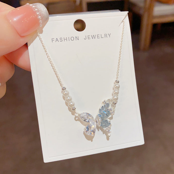 Wholesale Blue Crystal Butterfly Pearl Necklace Thick Gold Plated Copper Fashion Jewelry Accessory