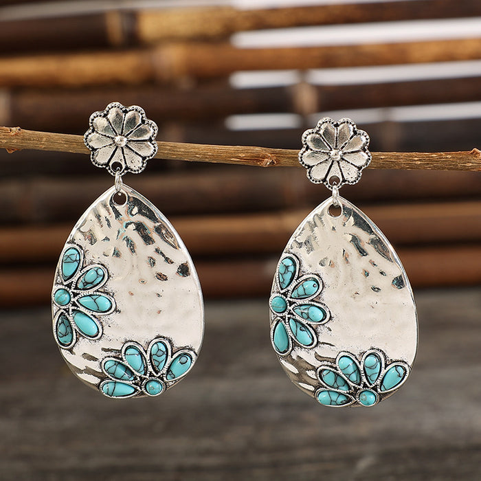 Wholesale Water droplet alloy inlaid turquoise earrings with retro style earrings and earrings