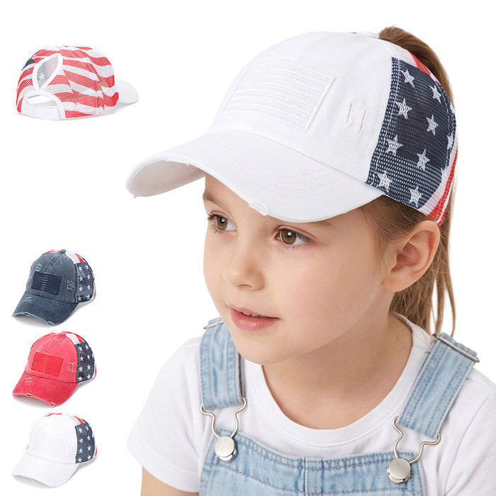 Wholesale Stylish Distressed American Flag Embroidered Children' s Baseball Cap Navy Blue Sun Protection