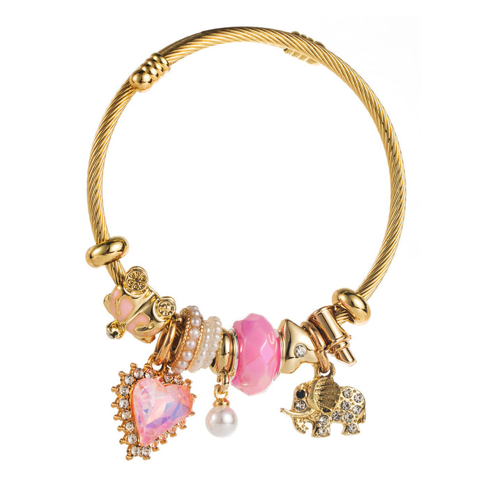 Wholesale Trendy Elephant Heart Pendant Bracelet Pink Alloy Diamond Set Adjustable Jewelry Accessory