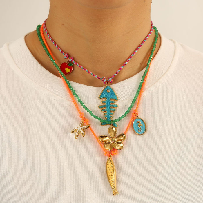 Wholesale New Product Original Design Natural Asbestos Rope Necklace with Stainless Steel Small Fish Pendant Exquisite Handmade Design