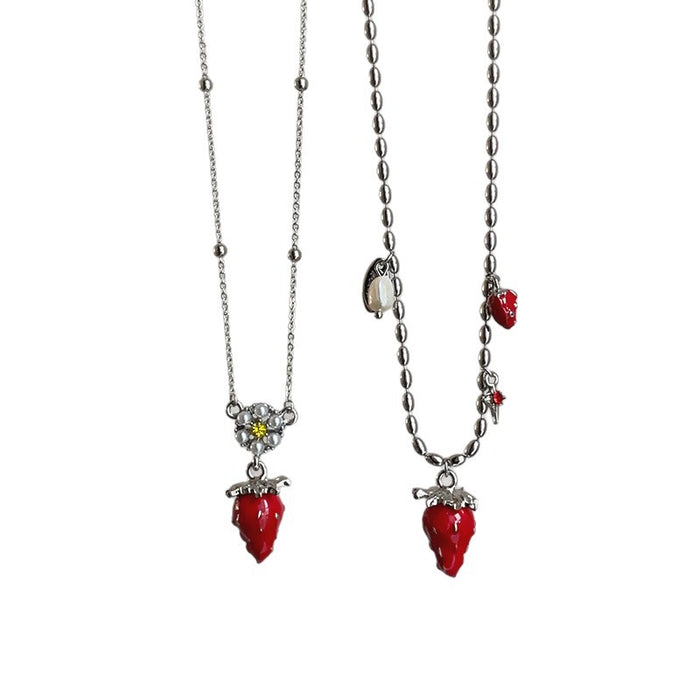 Wholesale Red Enamel Strawberry and Pearl long Necklace