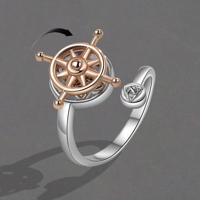 Wholesale Nautical Compass Ship Wheel Ring For Women Adjustable Gold Copper Open Band Trendy Fashion Jewelry Gift
