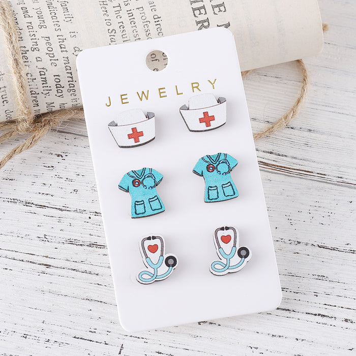 Wholesale Nurse' s Day Stethoscope Nurse Cute Heart and Lung Organs Earrings suit Wooden Earrings Earrings Gift
