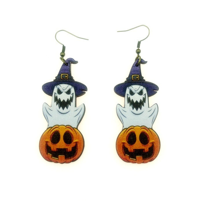 Wholesale Halloween Wooden Pumpkin Ghost Print Earrings JDC-ES-Yinxue002