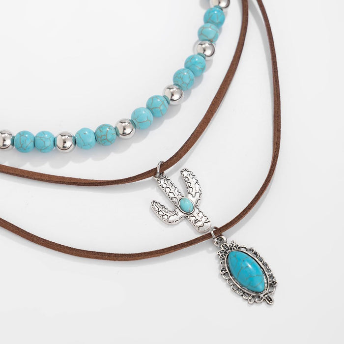 Wholesale Western Cowboy Pine Stone Necklace Stacked Set Necklace Cactus Boots Pendant Ethnic Style Retro Necklace