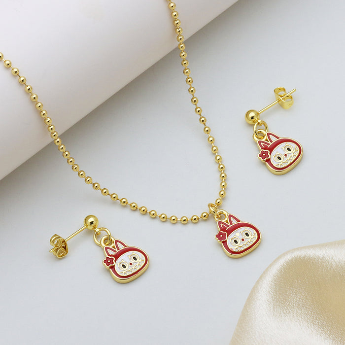 Wholesale Cartoon Pendant Necklace Ball Chain Brass Oil Drop Cute Earrings Lucky Cat Set