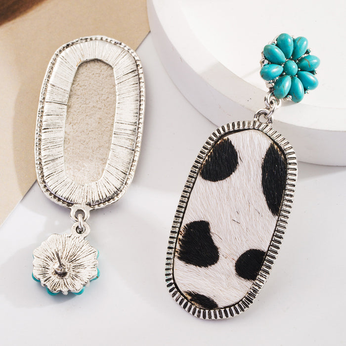 Wholesale Turquoise milk-textured leather earrings with diamonds and openwork design