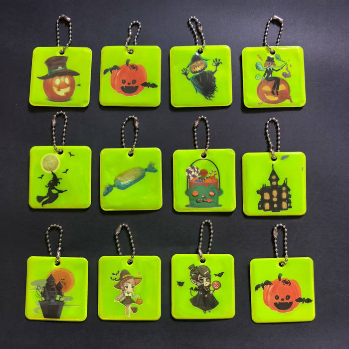 Wholesale  Reflective Square Chain Keychain With PVC Pumpkin Lantern Bat Witch Charms Decorative Car Key Accessory Gift