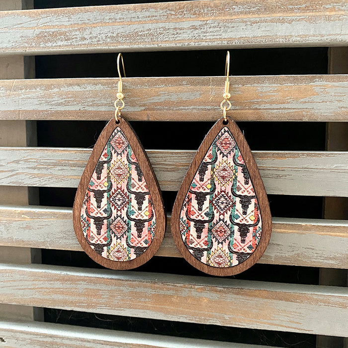 Wholesale Western Retro Wooden Earrings Aztec Water Drop Pattern Atmospheric