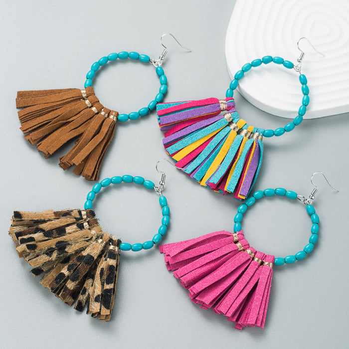 Wholesale Large round turquoise handmade leather tassel statement earrings