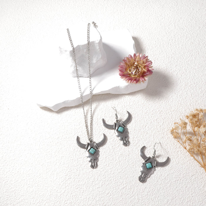 Wholesale green turquoise cow head ear hook necklace suit foreign trade hot selling jewelry