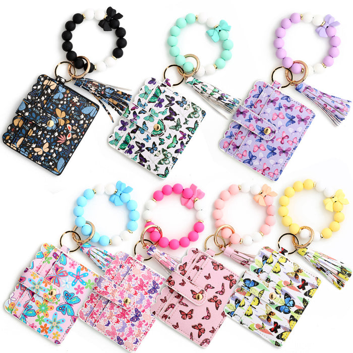 Wholesale Butterfly Print Silicone Bead Bracelet Keychain JDC-KC-NuoYi021