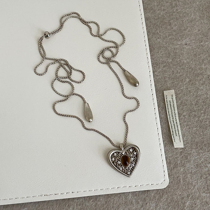 Wholesale Lace Heart Tiger Eye Stone Pull-out Sweater Chain