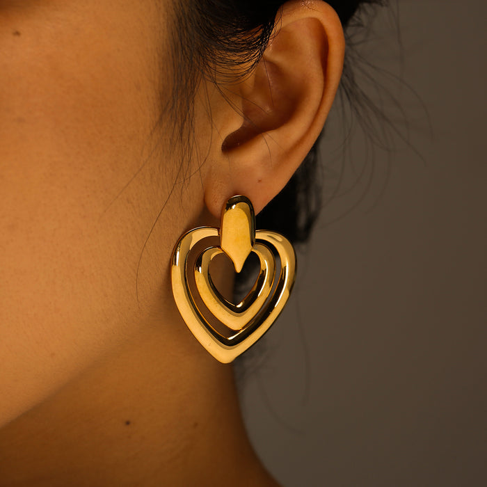 Wholesale Light luxury stainless steel double ring earrings with high-end feel, double-layer heart-shaped earrings wholesale