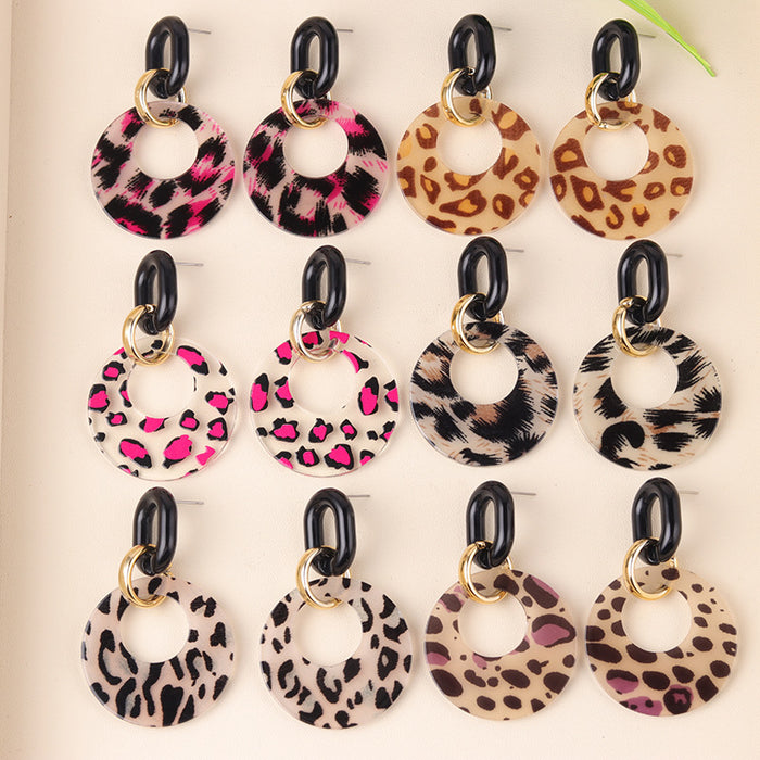 Wholesale Retro hollow colored circular acrylic earrings with personalized leopard print earrings and ear accessories