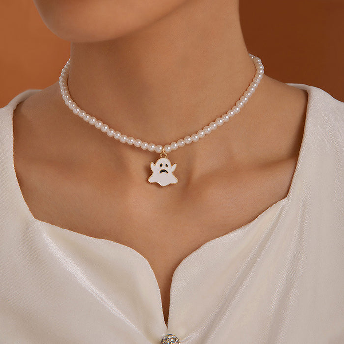 Wholesale Ghost Pendant Necklace White Imitation Pearl Chain Trendy Fashion Accessory MOQ≥2