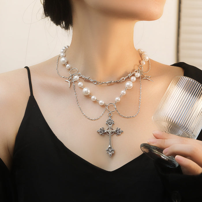 Wholesale Niche high-end design double-layer high gloss pearl cross necklace versatile