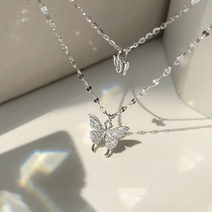 Wholesale Titanium steel necklace, double-layer butterfly pendant, light luxury, niche design, collarbone chain, versatile accessory