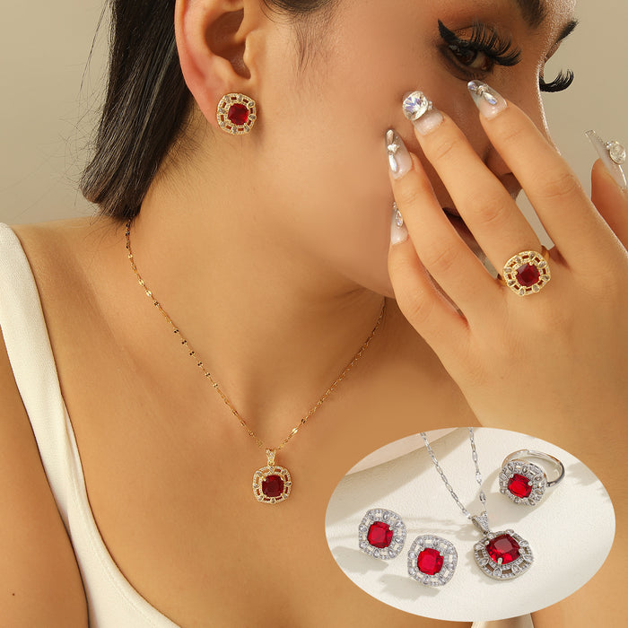 Wholesale accessories popular simple red square diamond zircon jewelry cross-border three-piece suit