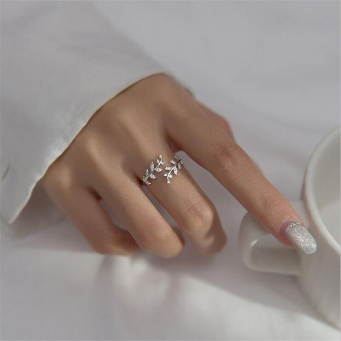 Wholesale S925 Sterling Silver Ring Diamond Leaf Branch Open Ring