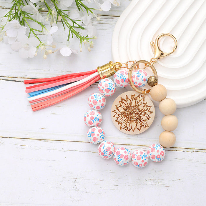 Wholesale Colorful Wooden Beads Bracelet Tassel Wood Keychain JDC-KC-RongRui039