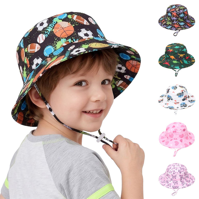 Wholesale Children' s Sun Protection Bucket Hat with Chin Strap Breathable Mesh Cartoon Design Everyday Wear