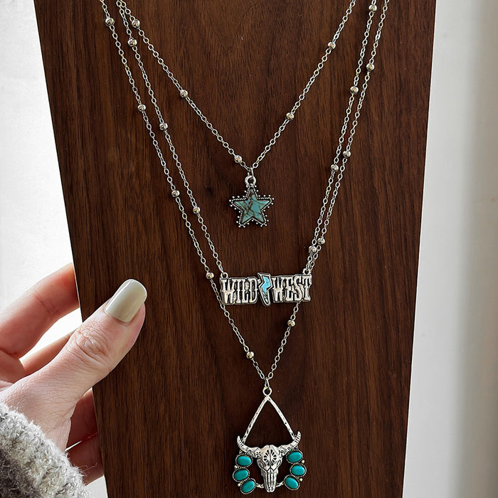 Wholesale Western Denim Style Hat Turquoise Multi-layer Necklace Women' s Vintage Flower Plate All-match Necklace