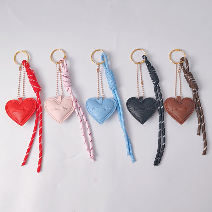 Wholesale Heart Shaped PU Leather Bag Charm Keychain Black Embossed With Braided Rope Car Hanging Ornament Boutique Resale Gift
