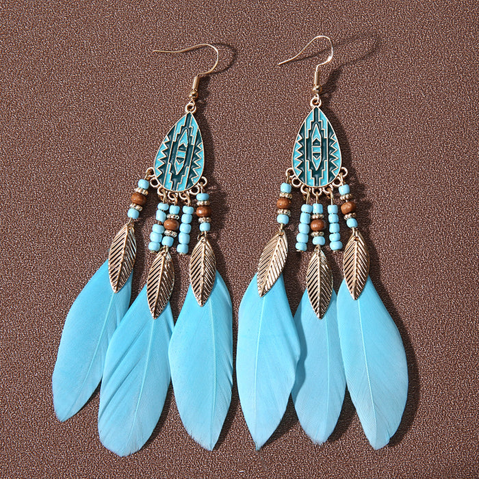 Wholesale Alloy Bohemian Water Droplet Tassel Feather Earrings JDC-ES-Gumi012