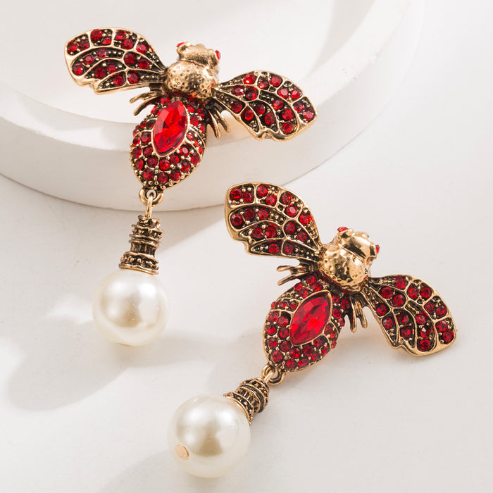 Wholesale Vintage Bee Pearl Drop Earrings Alloy Electroplated Fashion Jewelry Accessory