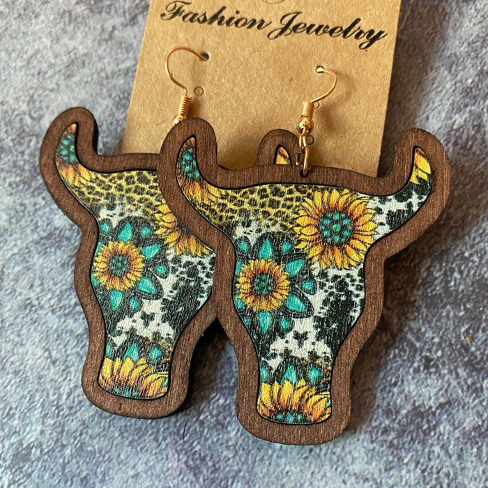 Wholesale Western Style Bull Head Wood Earrings JDC-ES-XinChuan001